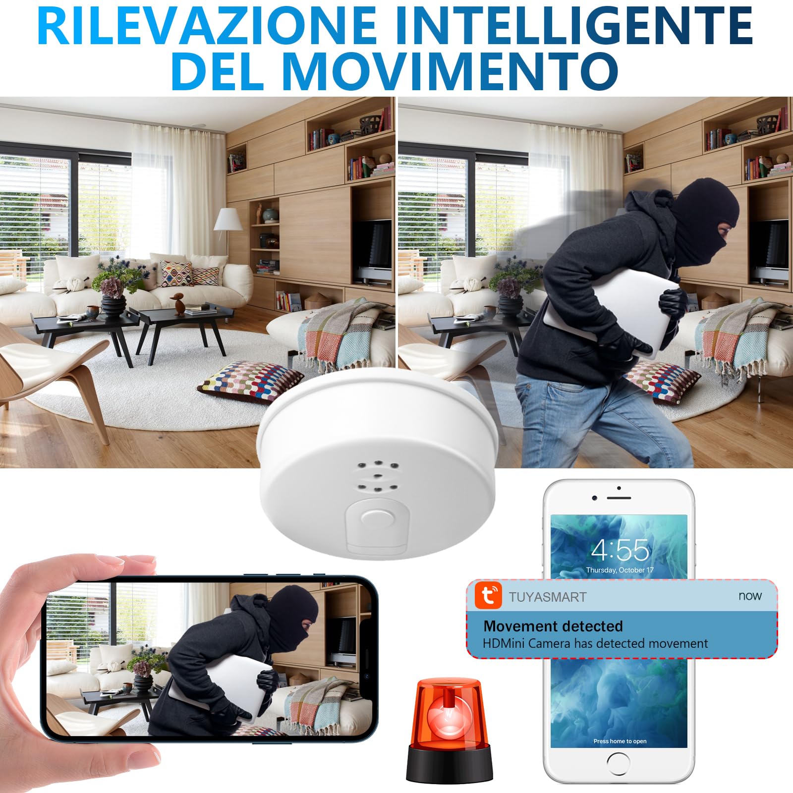 LXMIXMI Telecamera Nascosta Wi-Fi 5G, Telecamera Nascosta in un Rilevatore di Fumo, Telecamera Spia Wi-Fi HD 1080P con Visione Notturna, Rilevamento del Movimento e Registrazione in Loop