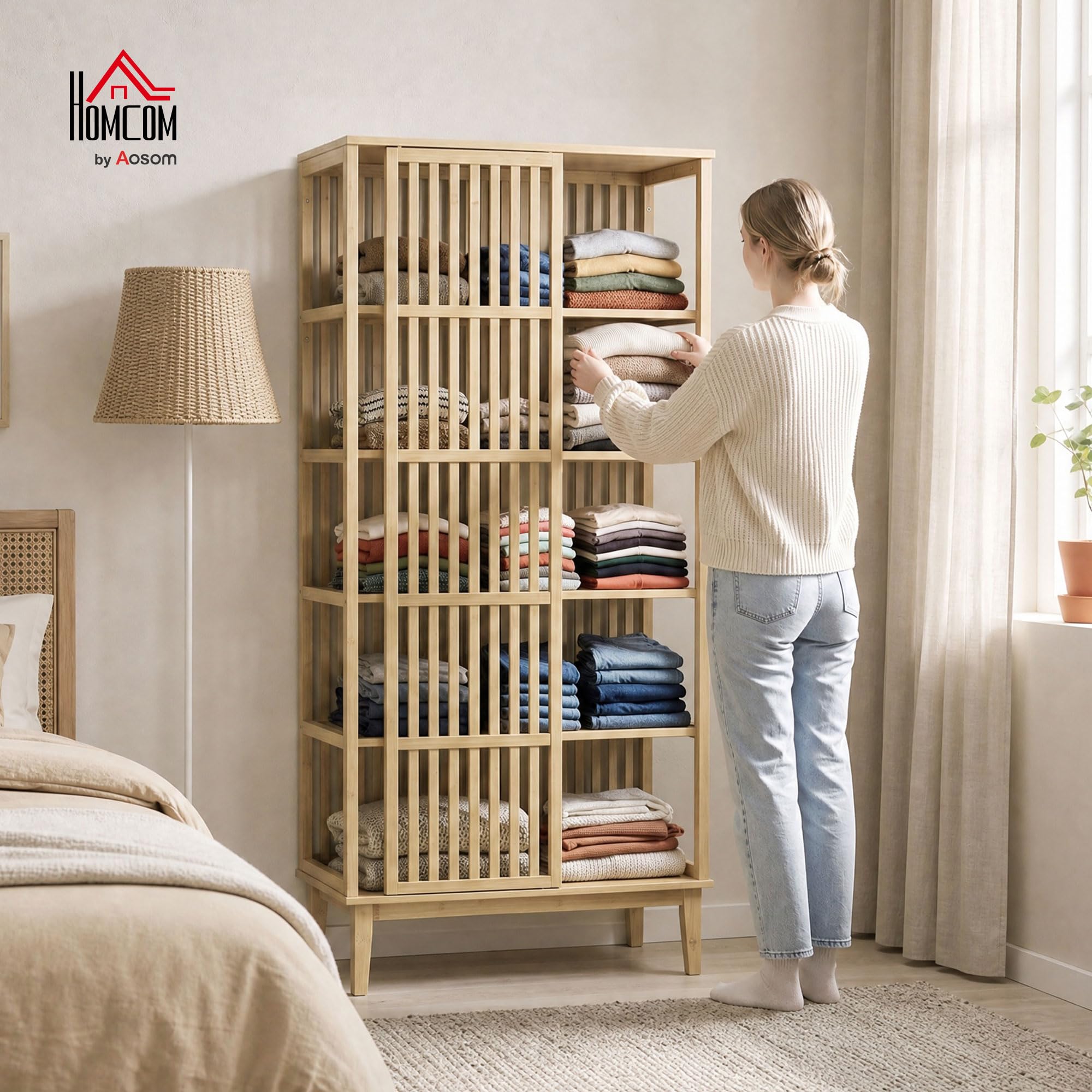 HOMCOM Armadio in bambù 80x47,3x175 cm Legno naturale