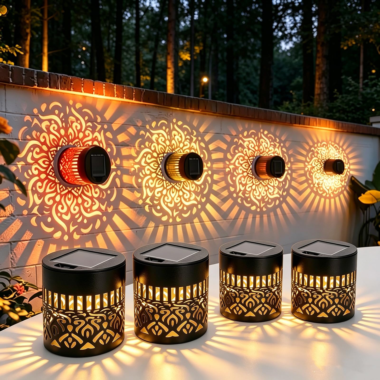 Solar Mandala Wall Lights, Mandala Solar Projector Light Outdoor, 7-Colour Changing Waterproof Metal Fence Light, Solar Powered Decorative Garden Lamp for Patio Yard Backyard Post (4, Warm)