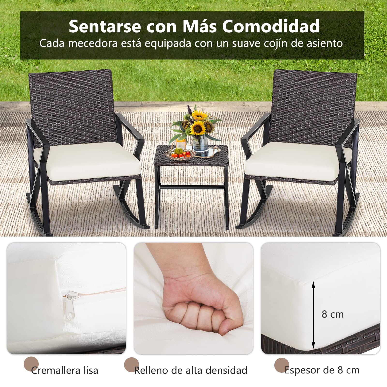 COSTWAY Conjunto de Mecedora de Jardín 3 Piezas, Sillas de Mecedora de Mimbre PE con Cojín Lavable y Mesa Auxiliar, Mesa y Sillas Terraza, Piscina, Balcón