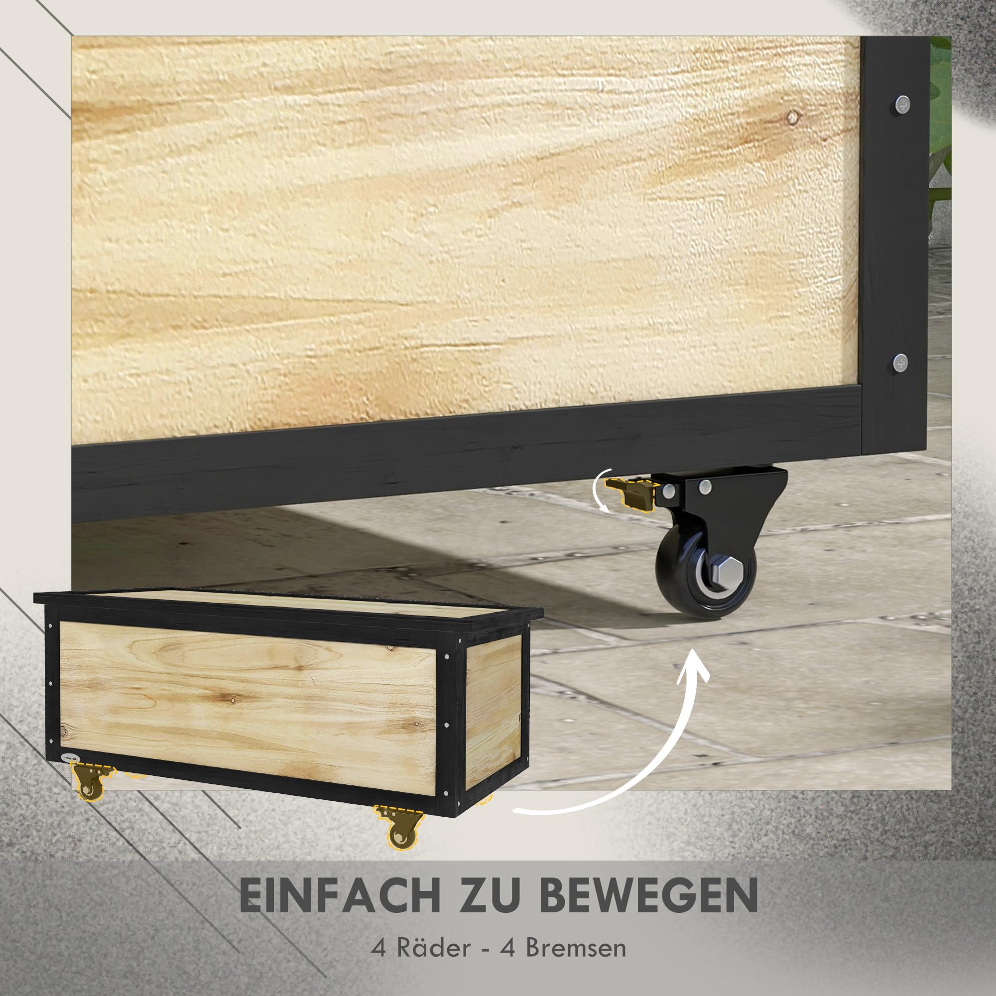 Outsunny Gartenbox 121L Auflagenbox mit Rollen Wetterbeständige Natur | Holz Aufbewahrungsbox, Aufbewahrungskiste, für Terrasse, Balkon