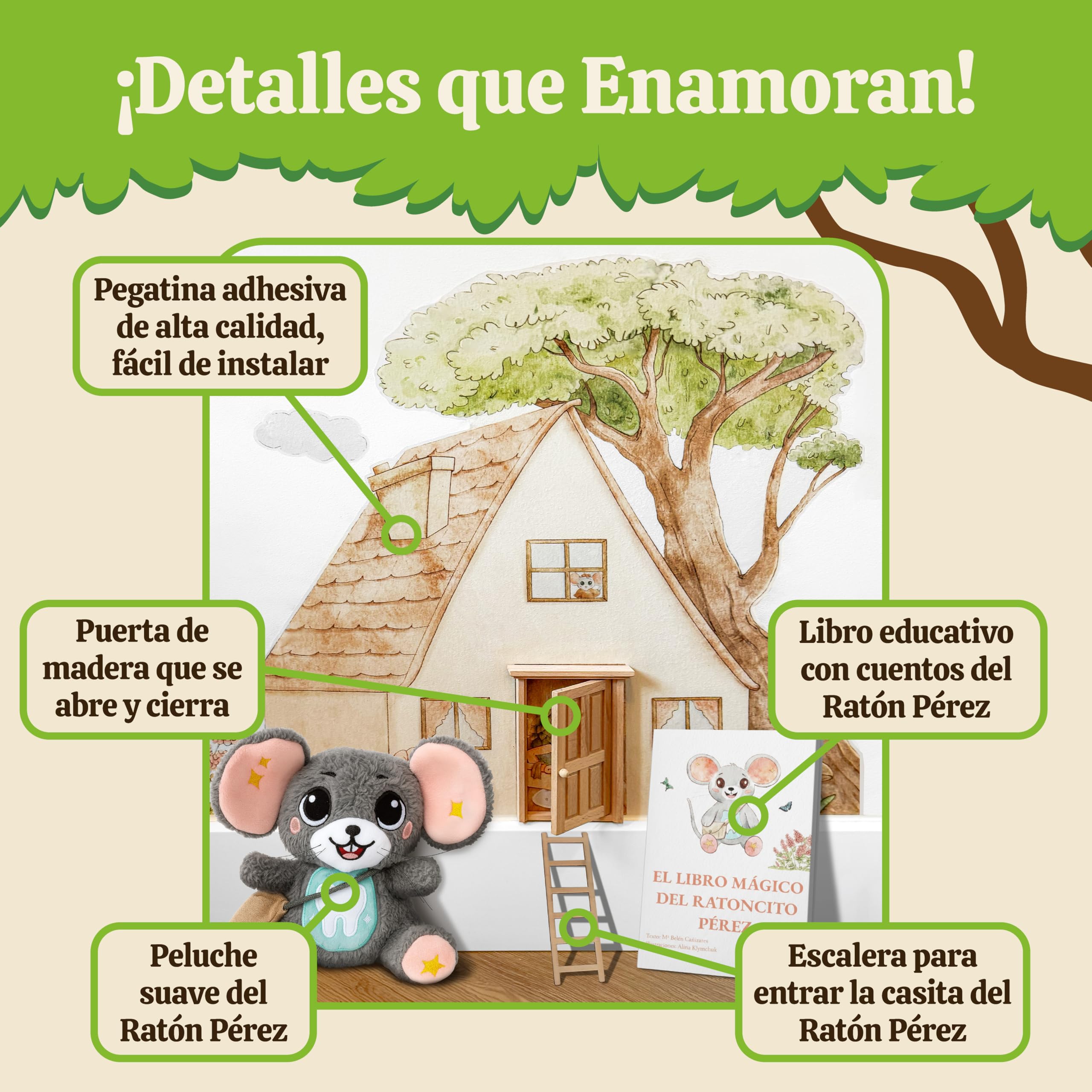 Perez&Fairy Puerta Ratoncito Perez que se Abre | Con Vinilo de Pared, Escalera de Madera y Peluche Raton Pequeño | Kit Casita Ratoncito Perez con Libro de Cuentos y Certificado | Regalo Niño y Niña