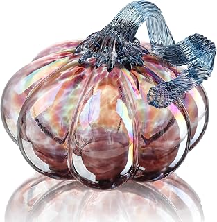 5 Inch Hand-blown Glass Pumpkin for Decorating, Crystal Pumpkin Fall Decor | Art Glass Pumpkin Figurines Paperweight Tabletop Decorative Ornaments for Fall Autumn Thanksgiving Halloween Decor, 5 Inch