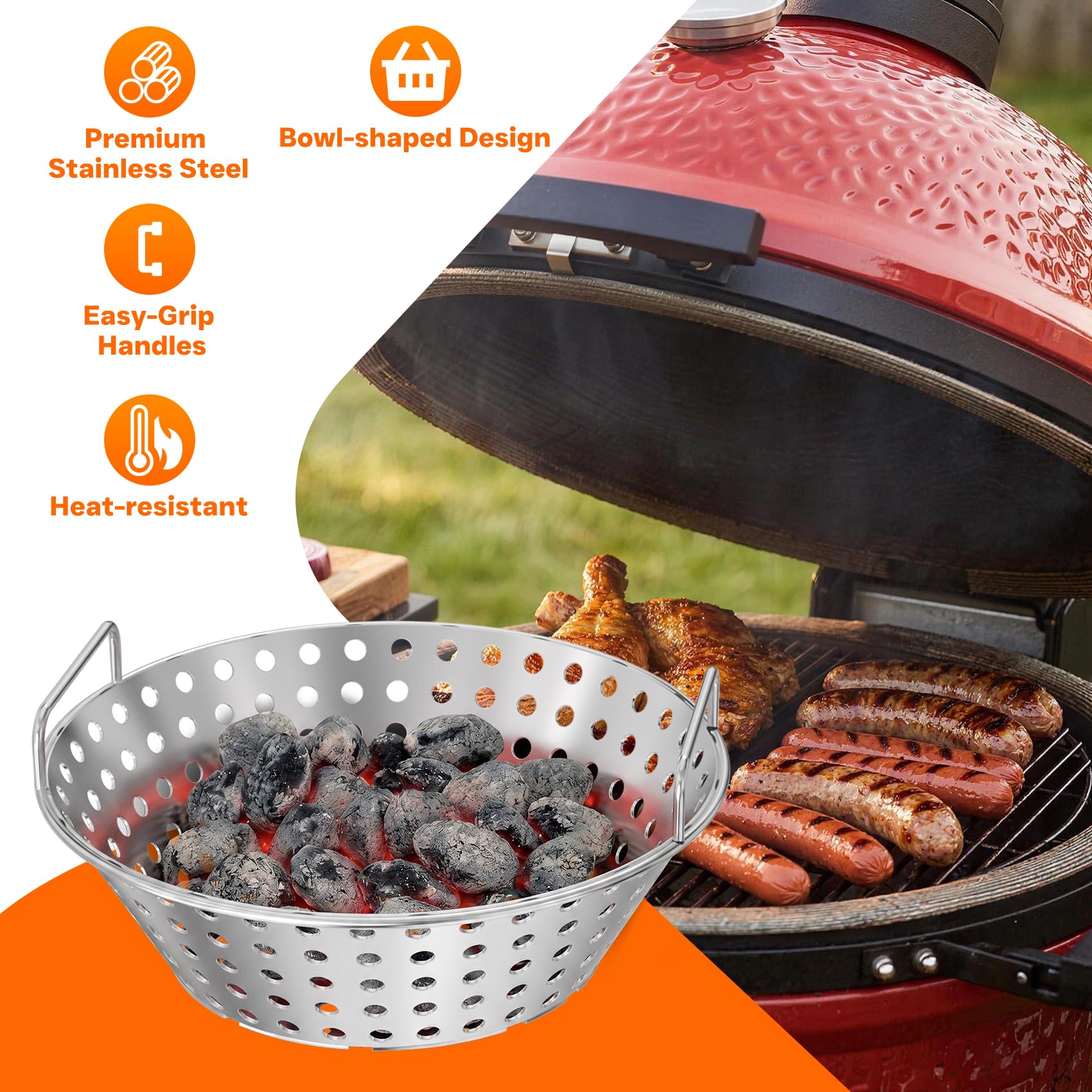 Skyflame Koszyk na węgiel drzewny ze stali nierdzewnej, akcesoria do Kamado Joe Classic, duże zielone jajko, Pit Boss | Grills Luizjana i inne grille - nowa wersja z otworami