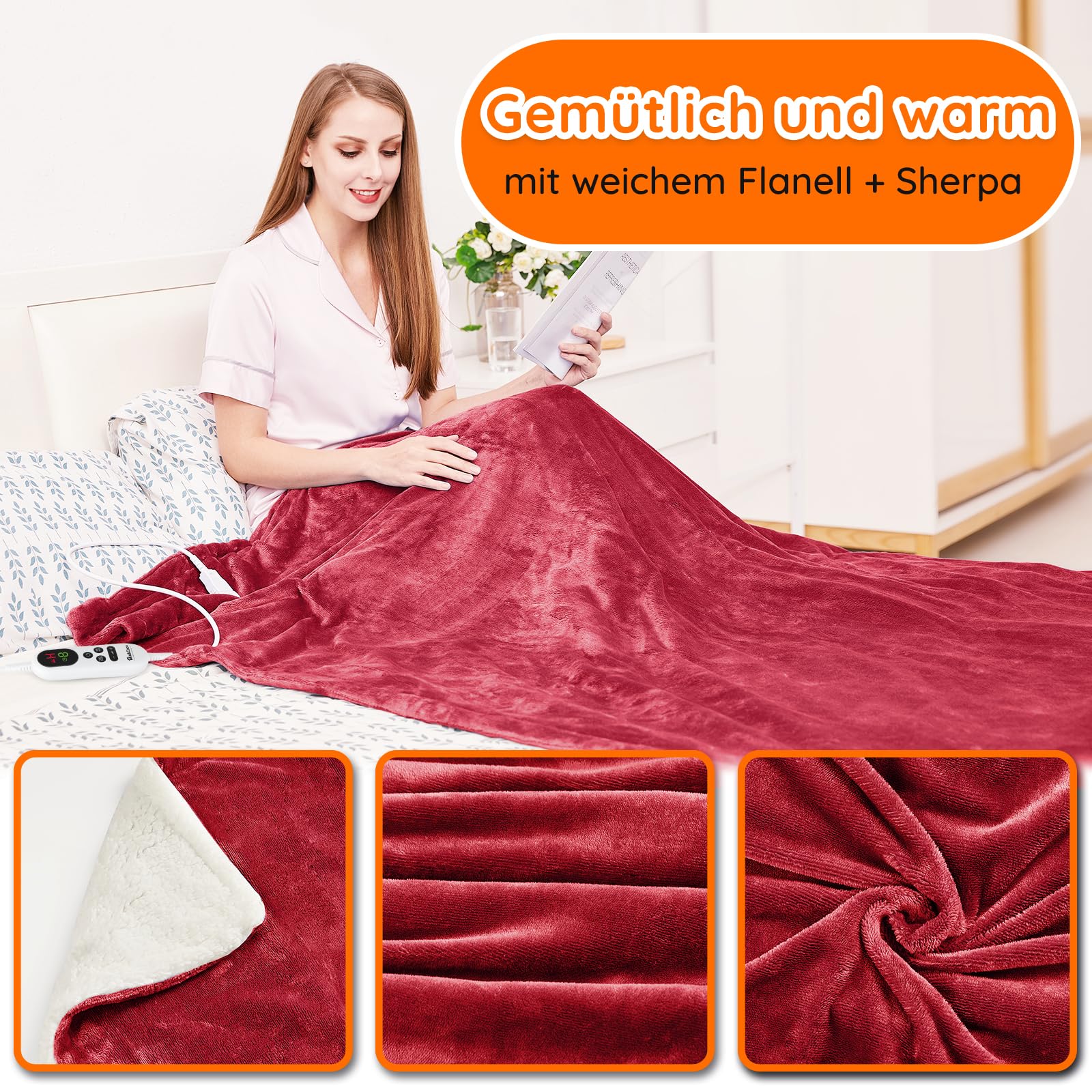 Heizdecke mit Abschaltautomatik, 130x180cm 10 Heizstufen 1~9 Stunden Auto-Off-Timer Überhitzungsschutz, Elektrische Wärmedecke Bett Wärme Decke ETL für Home & Office Schnelle Flanell Waschbar Rot