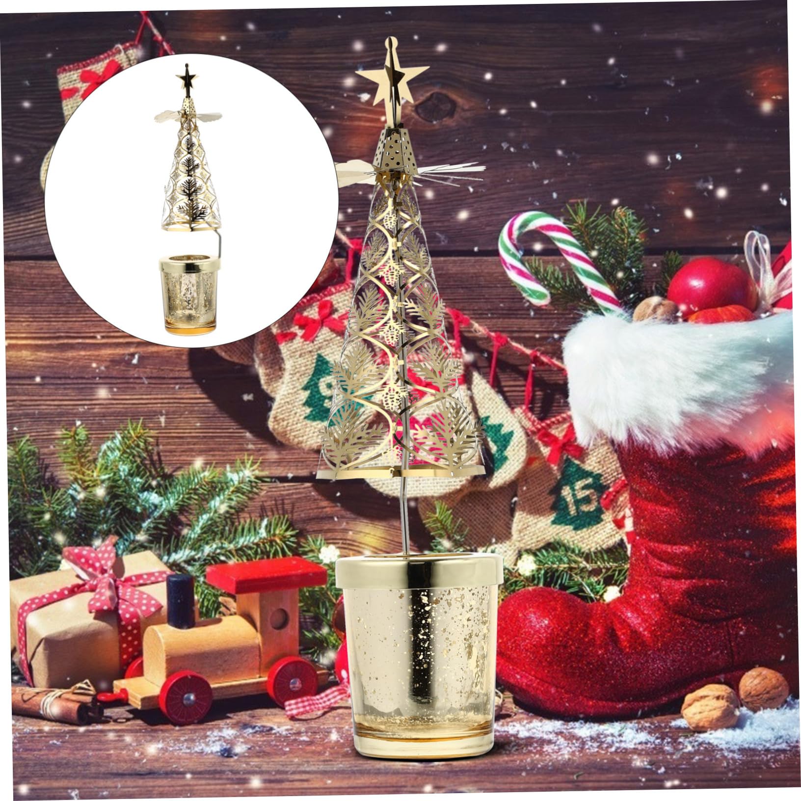 ERINGOGO 1Pc Golden Rotating Christmas Tree Candle Holder Elegant Craft for Holiday Decoration Unique Design for Festive Parties and Home