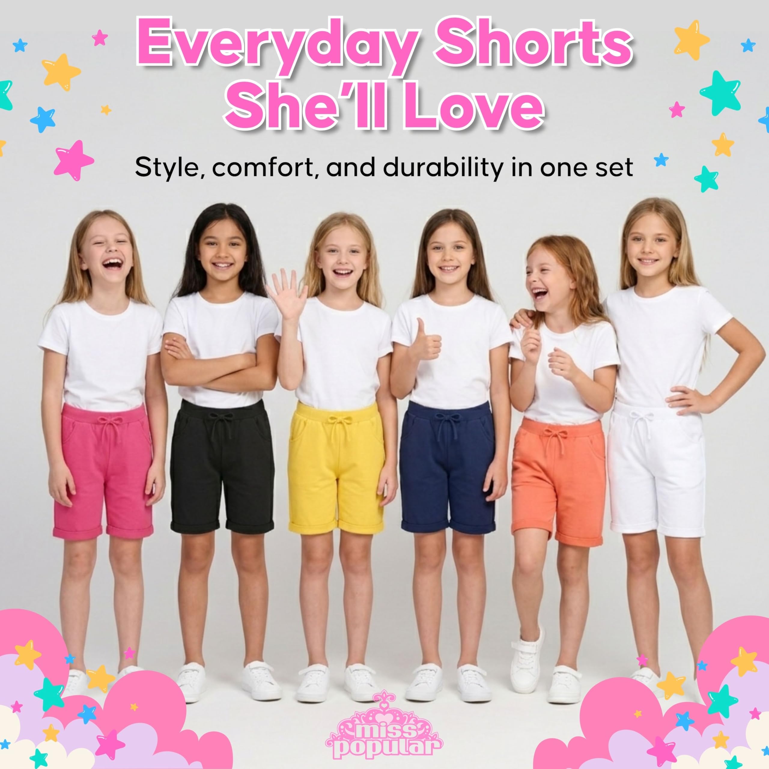 MISS POPULAR Bermuda für Mädchen, 6er-Pack, Größen 37-42, bequeme Baumwolle, elastischer Bund, Fliege, Taschen und viele Farben, Combo C, 6X