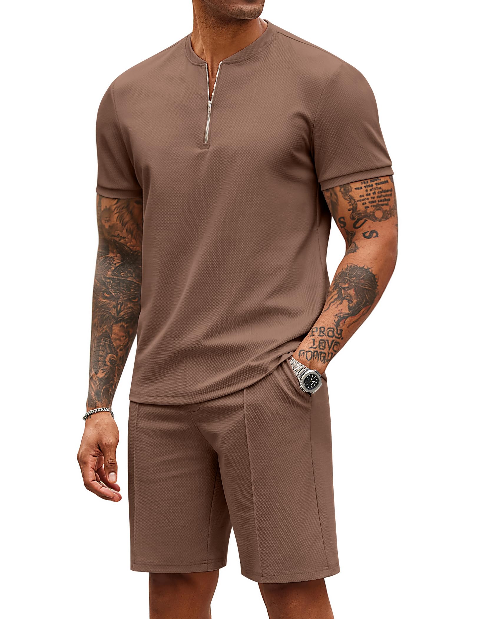 COOFANDY Men's 2 Pieces Outfits Casual Quarter Zip Polo T Shirt and Shorts Set Athletic Jogging Summer Tracksuit