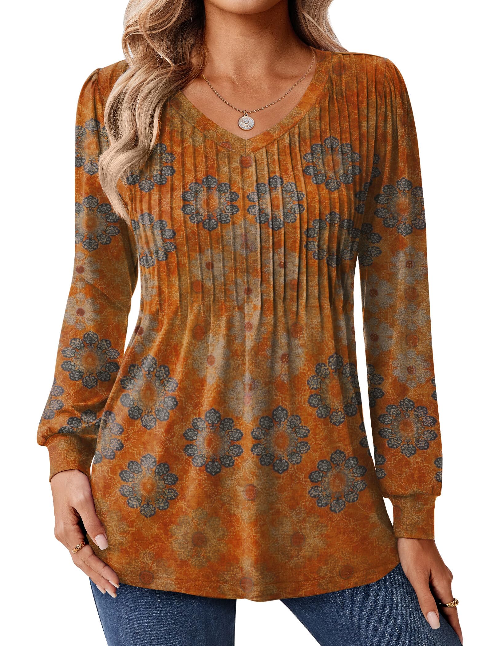 Zeagoo Long Sleeve Shirts for Women Casual V Neck Top Pleated Floral Boho Blouses 2025 Fall Tunics