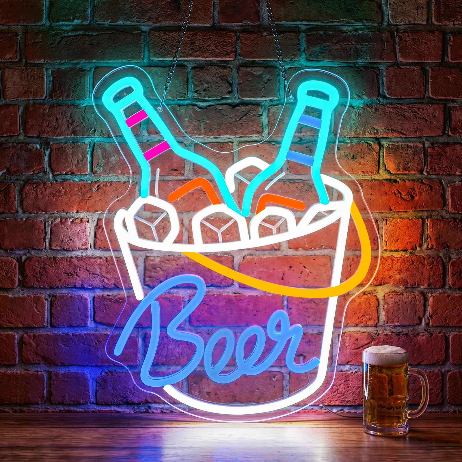 Flixyticy Cold Beer Neon Signs, Ice Bucket with Glass Beer Bottles LED Hanging Light Sign USB Powered Dimmable for Breweer, Bar, Grill, Family Room,Outdoor Parties