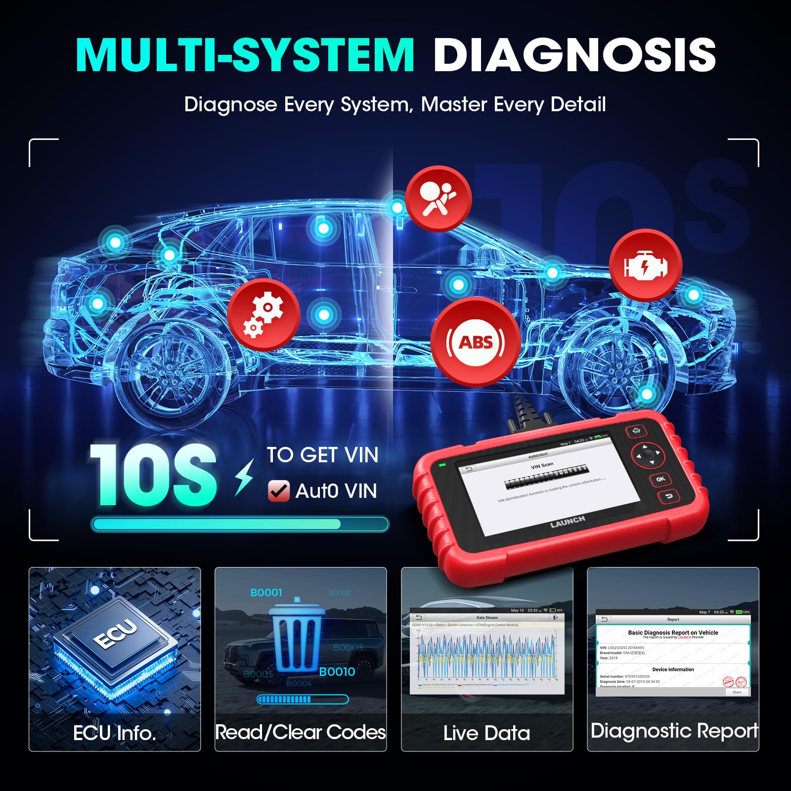 LAUNCH CRP129X V2.0 obd2 Diagnosegerät mit Vier Systemdiagnosen(Motor SRS at/MT und ABS), 12 Reset-Funktion (für öl SAS EPB TPMS BMS ABS usw), 10 OBD2-Funktion, AUTOVIN, KOSTENLOSES Update