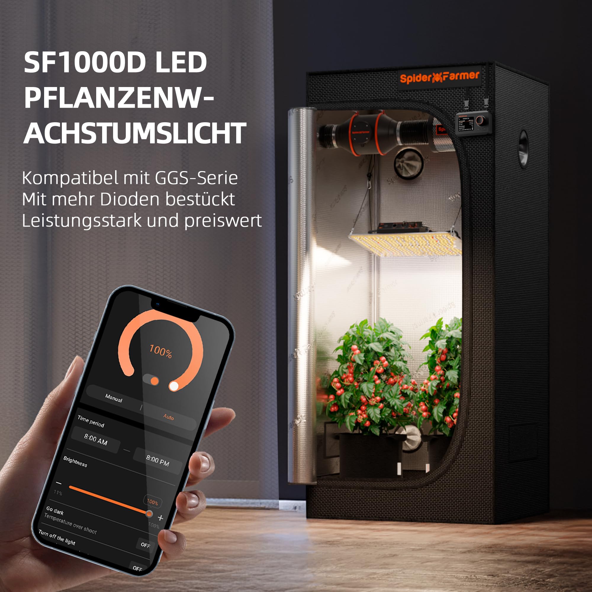 Spider Farmer SF1000D 100W LED Grow Lampe Vollspektrum Dimmbar 60x60cm Abdeckung
