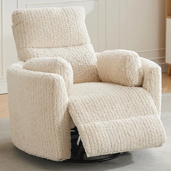 TODRANI Swivel Glider Recliner, Boucle Upholstery Recliner with 2 Pillow, Nursery Glider Rocker Chair, Power Reclining Sofa Chair for Living Room/Office/Apartment/Off-White