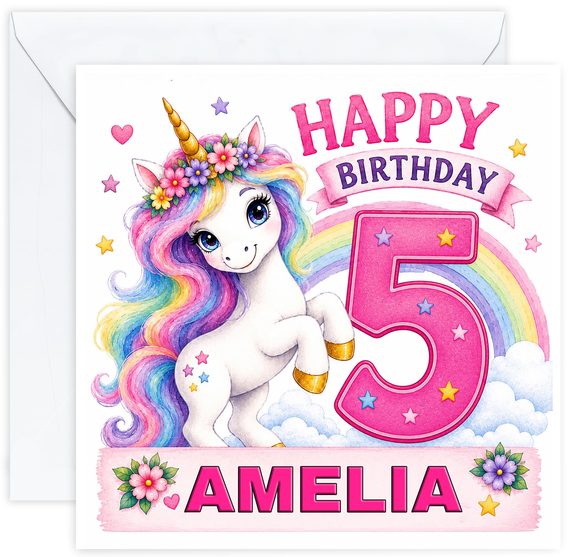 Personalised Girls 5th Birthday Card – Unicorn Rainbow – Name