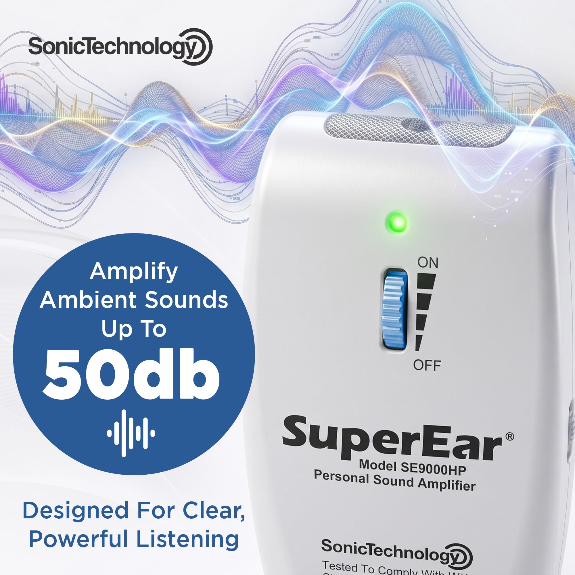 SuperEar Wiederaufladbarer Sound-Verstärker Komplettsystem mit Kopfhörern und Ohrhörern steigert Sound 50 dB, 3-farbige Frequenzauswah