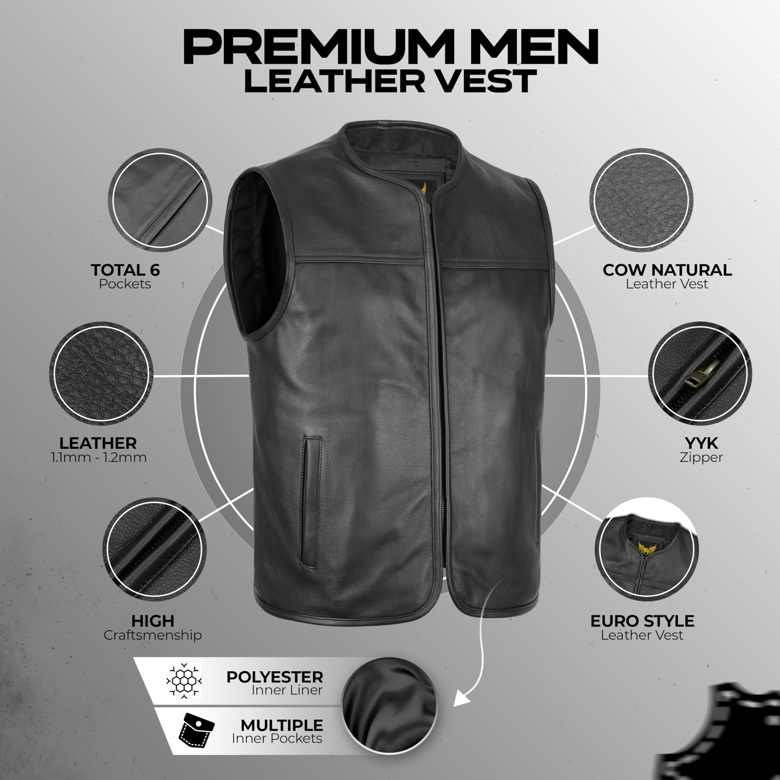 Leatherick Gilet da motociclista in vera pelle di vacchetta da uomo - Gilet da motociclista classico con cerniera frontale