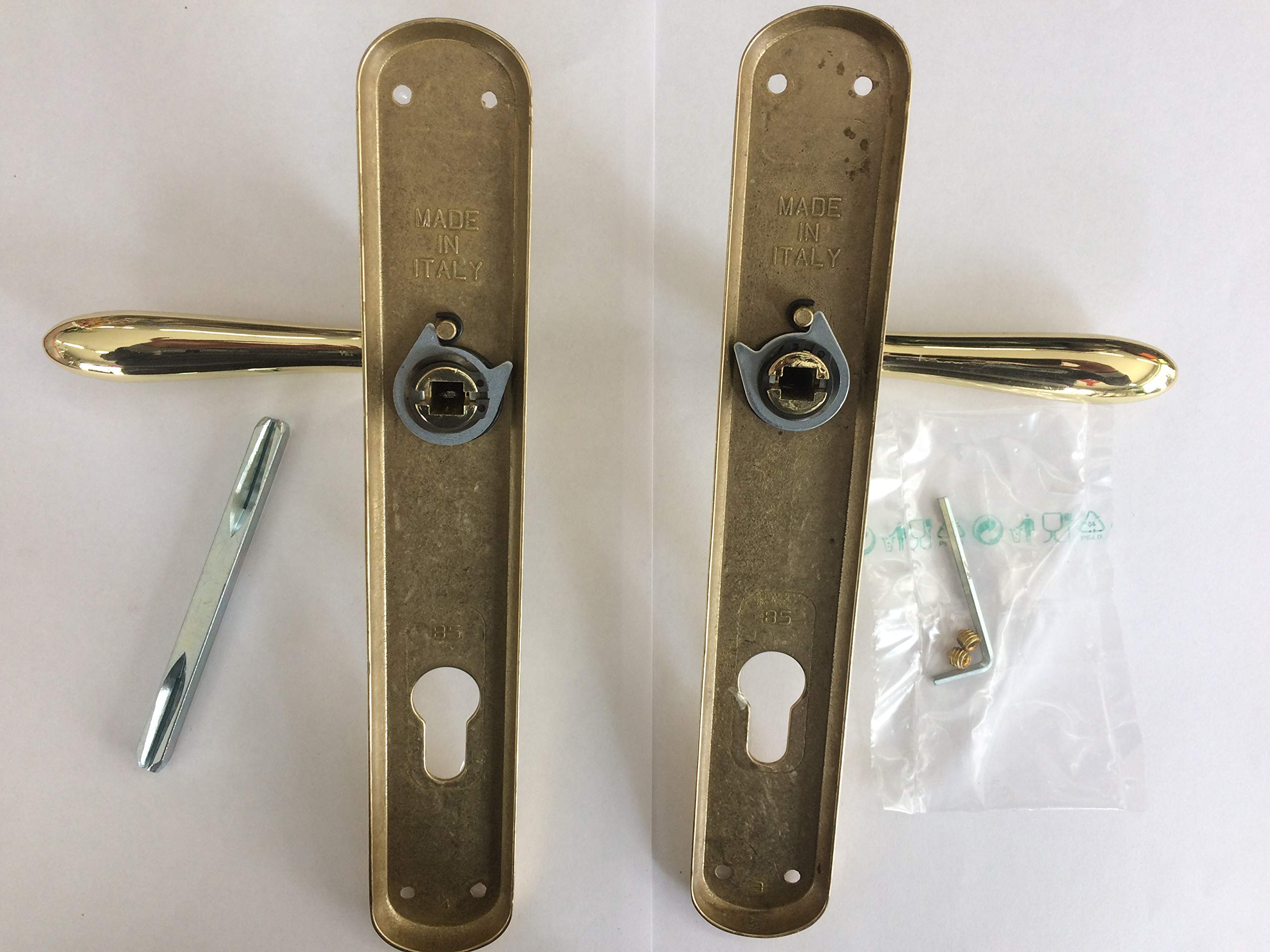 Pareja De Manijas De Latón Dorado Brillo Con Placa De 85 Mm – Para Puertas Interiores (Frosio Bortolo Italia)