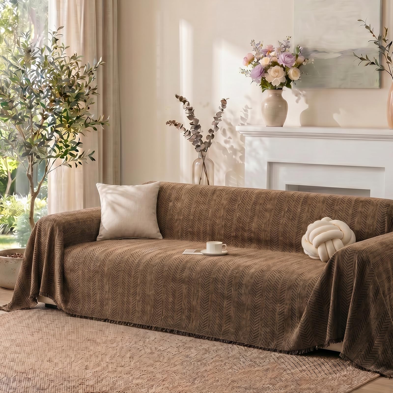 Homcomodar Sofa überzug 2 Sitzer Fischgrät Chenille mit Quasten Sofabezug l Form Wasserabweisend Waschbar Couch überzug Kratzschutz für Hunde Katzen Kinder Sofaüberwurf Braun 180x260 cm