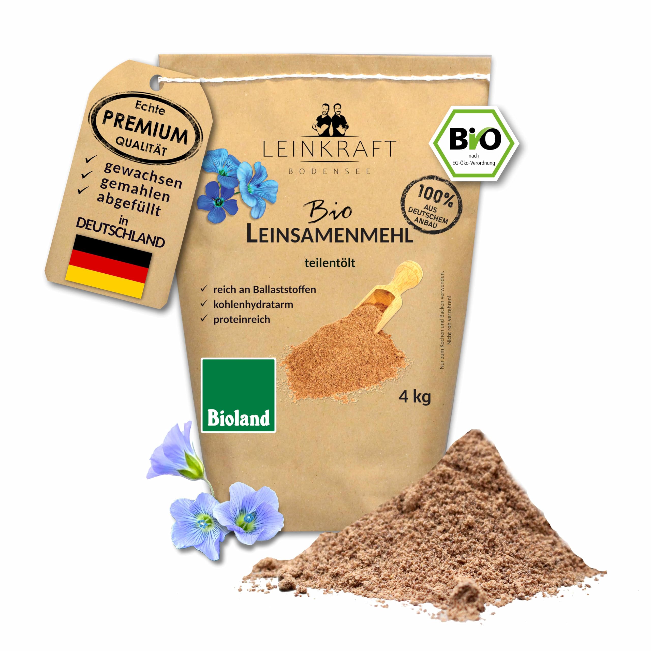 4kg BIOLAND Leinsamenmehl | aus 100% deutscher, brauner Leinsaat | Leinmehl frisch gemahlen. Vegan. Low Carb & Keto geeignet. Protein- & Ballaststoffreich. Regional.
