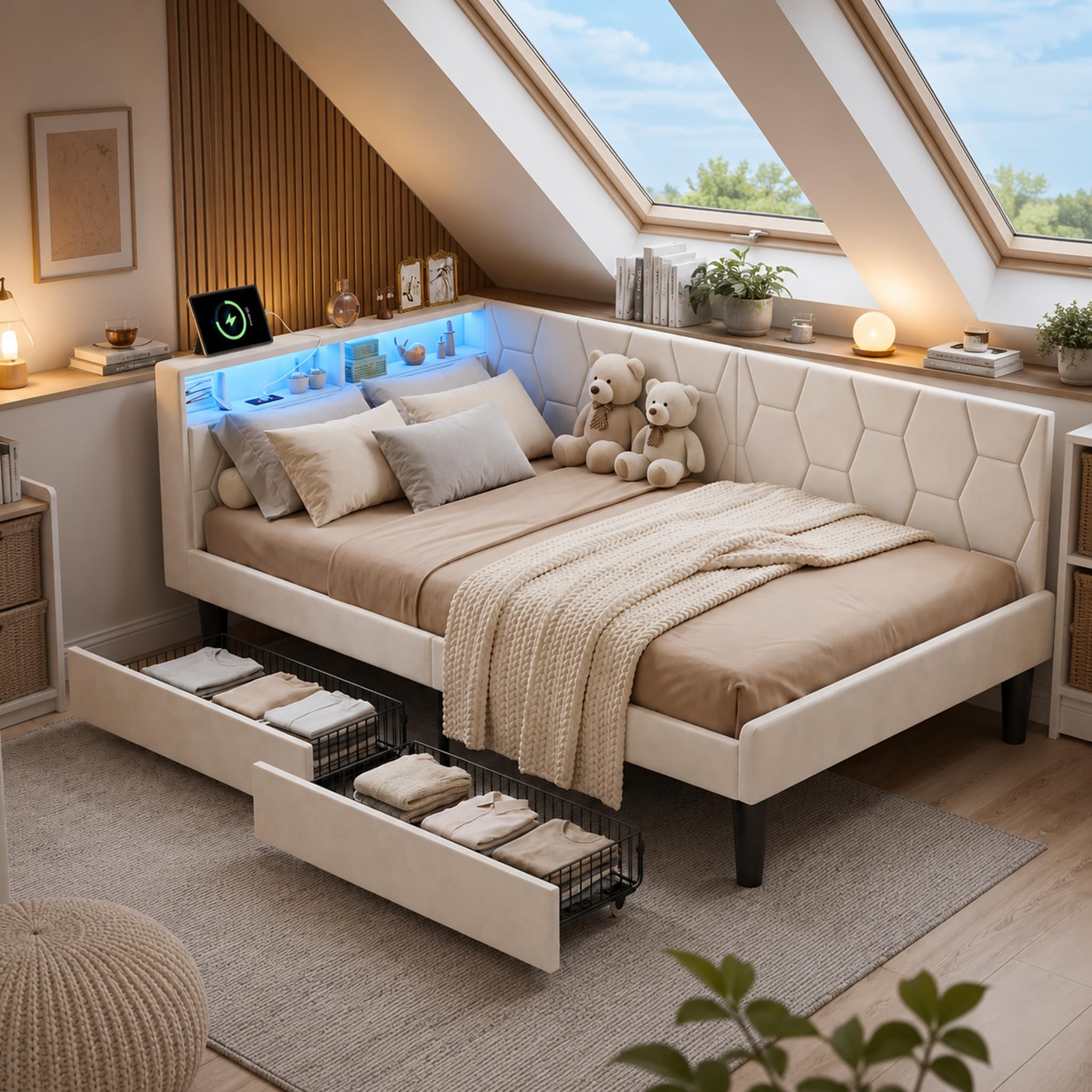 sofa do spania 90 x 200 cm z oświetleniem LED i wtyczką USB, pojedyncze łóżko z 2 szufladami, zagłówek ze schowkiem, 1-osobowa sofa ze stelażem listwowym do salonu, sypialni