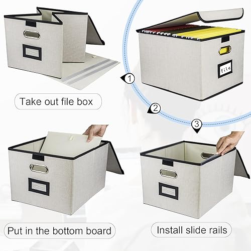 Miniatura 5 de Caja organizadora de archivos plegable, cajas de almacenamiento para colgar archivos con tapa, caja de carpetas de archivos portátil de lino con