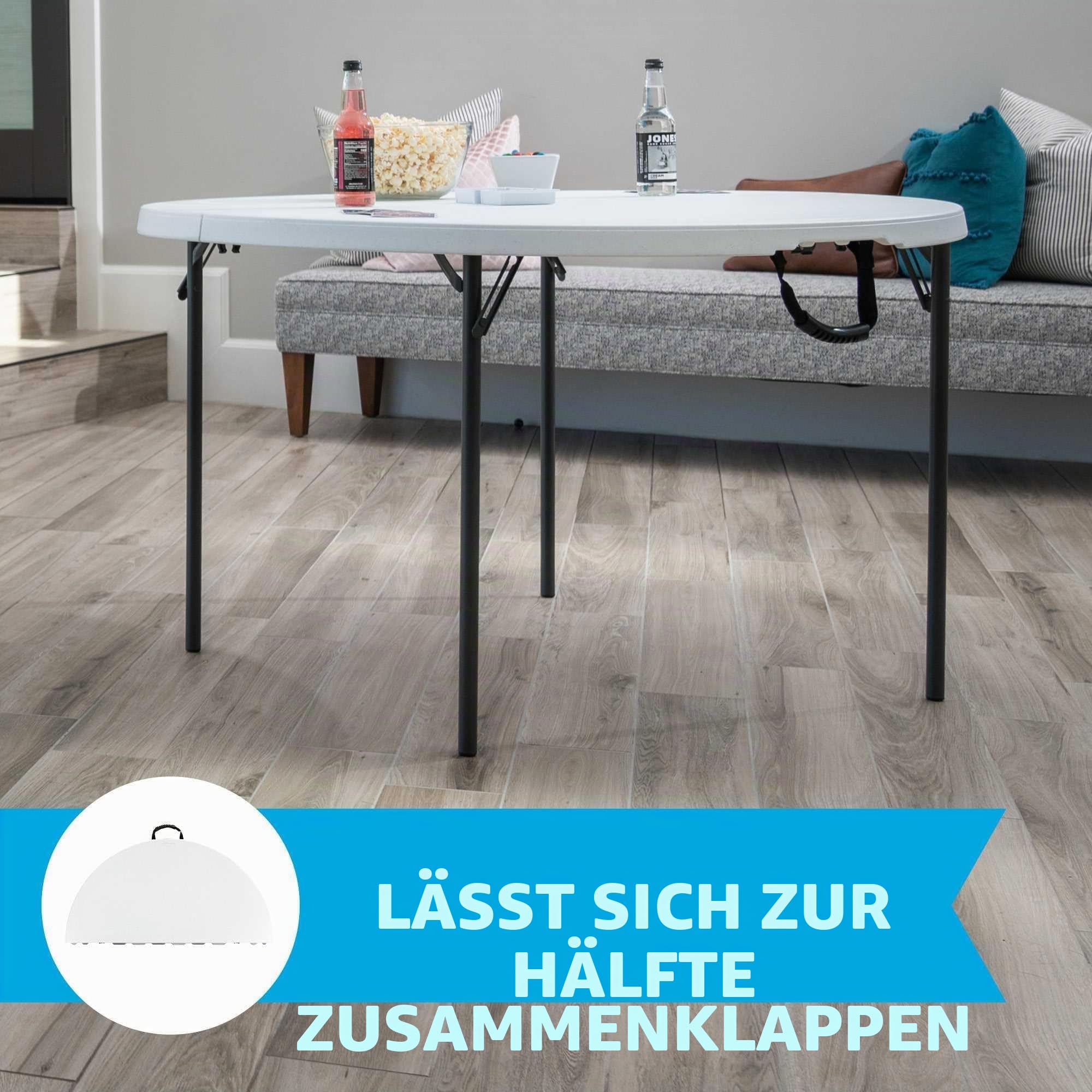 LIFETIME 280064 Büro-Rundtisch, höhenverstellbar, auf die Hälfte zusammenklappbar, 4 Füße (1,2 m), granitweiß
