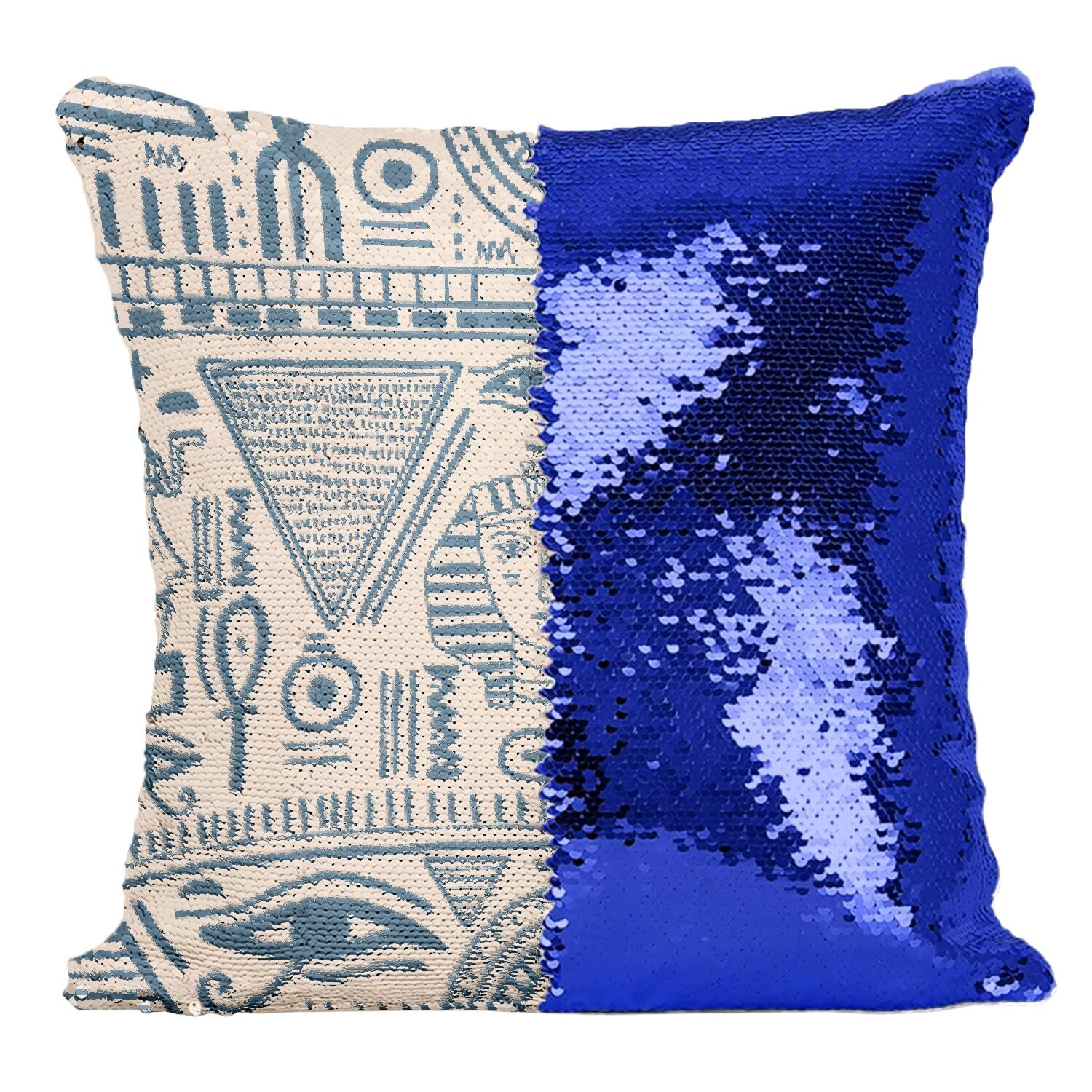 Coussin sequin bleu hiéroglyphes égyptiens pour raviver une déco fade