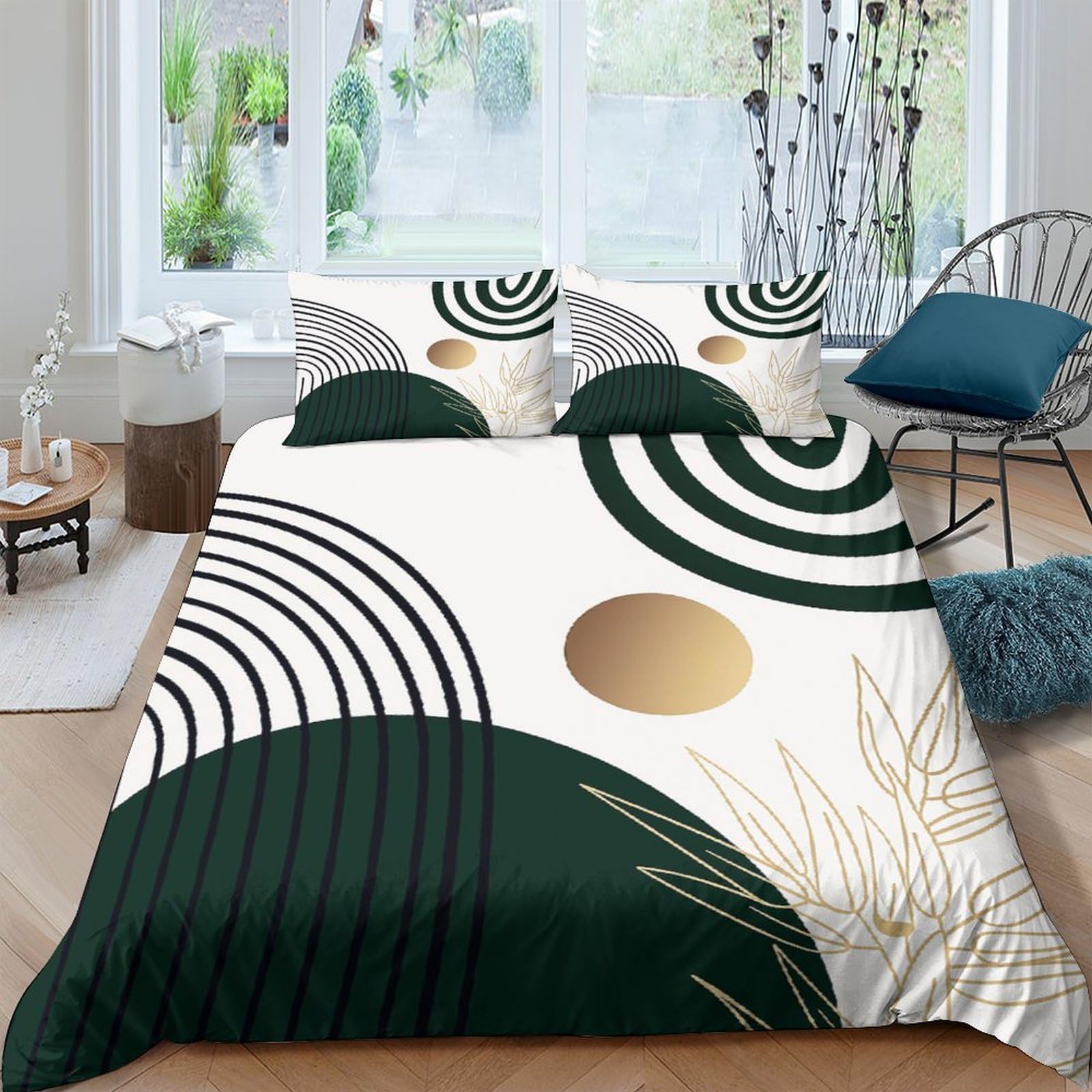 Ctjqhvkz Style-7 3D Printed Geometric Gold Circle Fitted Sheet Microfiber Dark Green Line Mattress Cover For Bedroom Dorm Decor Single（135X200cm）