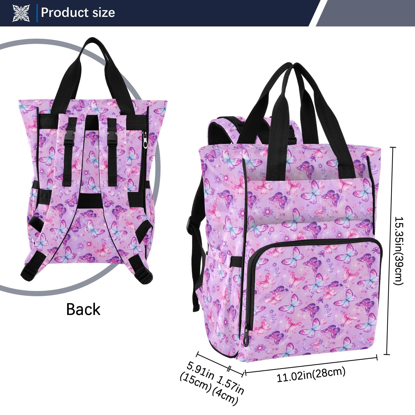 Mnsruu Mochila para pañales de bebé, diseño de flores de mariposa, bolsa grande, impermeable, bolsa de pañales de viaje para mamás y papás