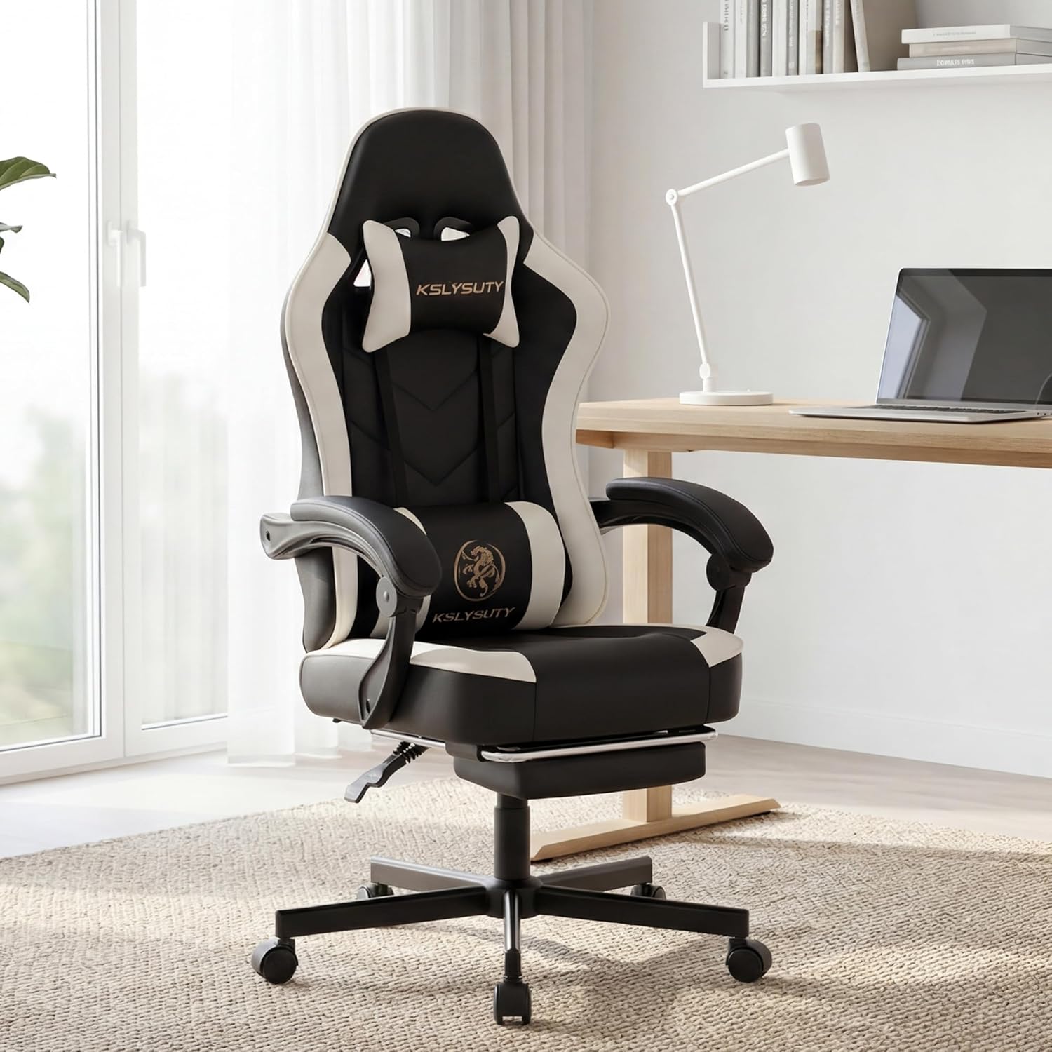 Office Desk Computer Gaming Chair for Adults, Ergonomic High Back Gamer Chair with Massage and Pocket Spring Cushion, Swivel Comfy Video Game Chairs with Footrest and Lumbar Support (Black White)