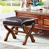 Vista 2 de Reposapiés de cuero otomano de madera, taburetes rústicos para pies, reposapiés de madera, reposapiés rectangular, otomana pequeña para sala