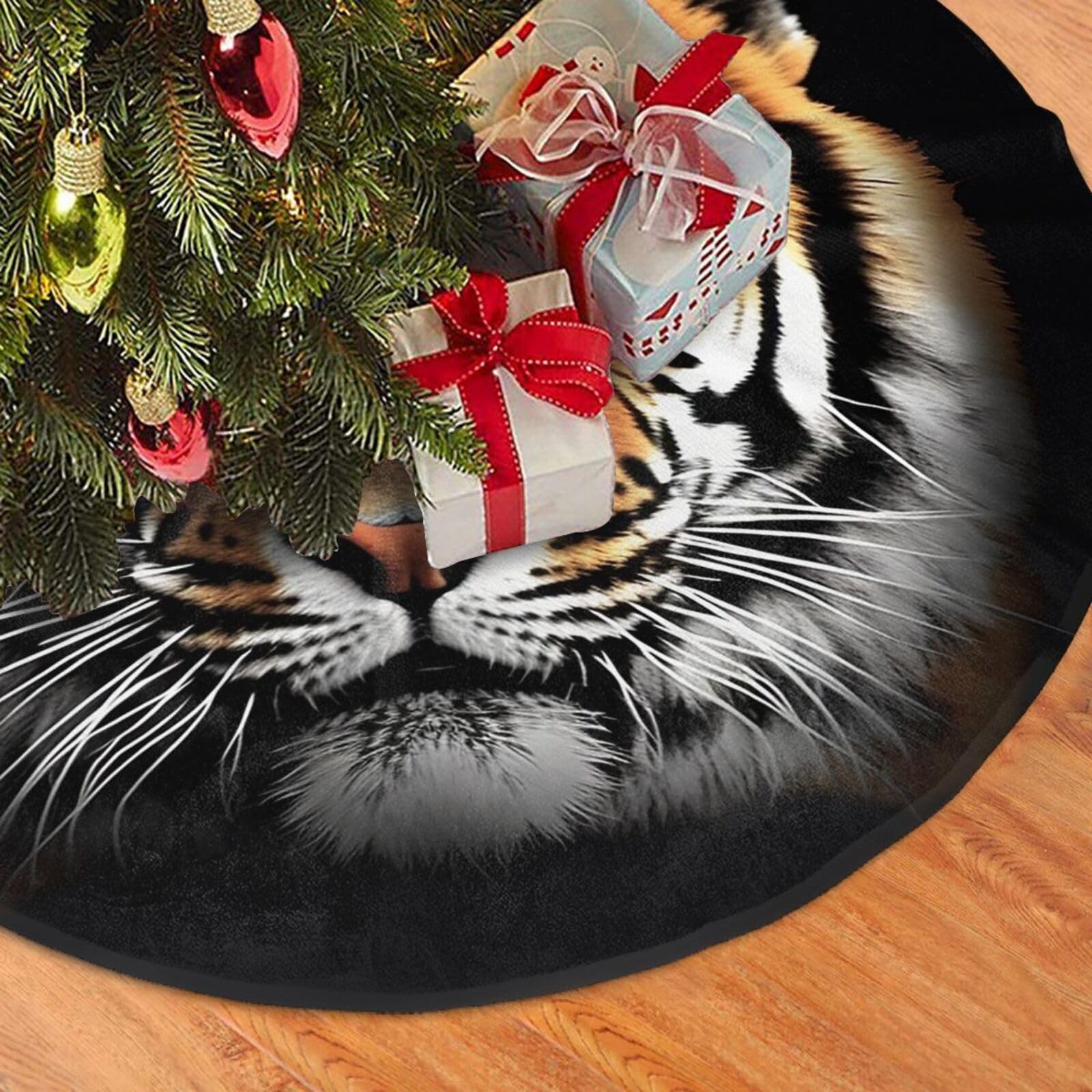 Fodpand Black Tiger Face Christmas Tree Skirt 48" Velvet Xmas Tree Skirt Mat Rustic Christmas Tree Mat Cover Winter Xmas Tree Collar For Indoor Outdoor Christmas Decorations