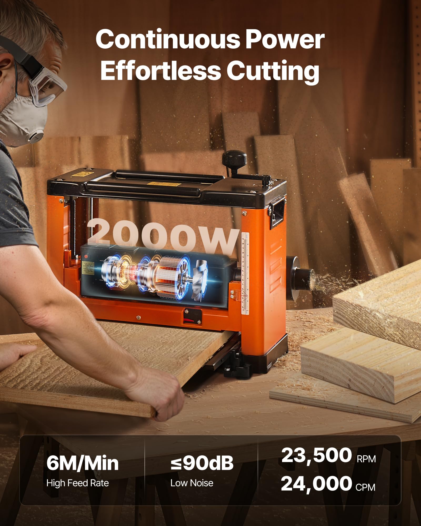 VEVOR Dickenhobel, Dreiblatt, 330 mm breiter Arbeitstisch, Hobelmaschine, 2000 W, Hobel 23500 U/min, Doppelrollen, Überrollschutz, Holzbearbeitung mit Einzelgeschwindigkeit, für Hart- & Weichholz