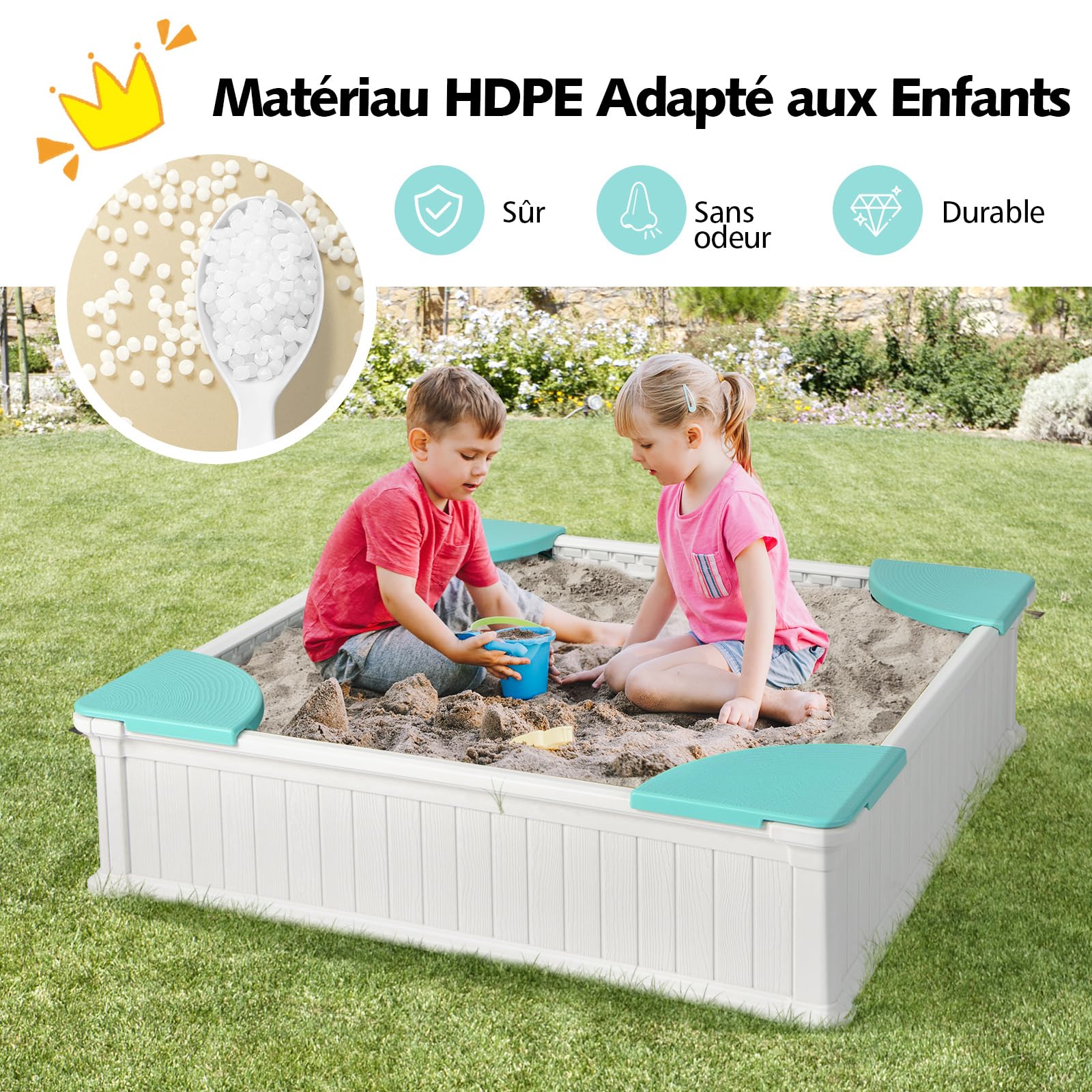 COSTWAY Bac à Sable Enfant Extérieur en HDPE avec 4 Bancs, Bac à Sable avec Couvercle en Tissu et Doublure, Charge 50kg de Chaque Banc, Jeux Extérieur pour Jardin Terrasse Cour, 3 Ans+ (Blanc)