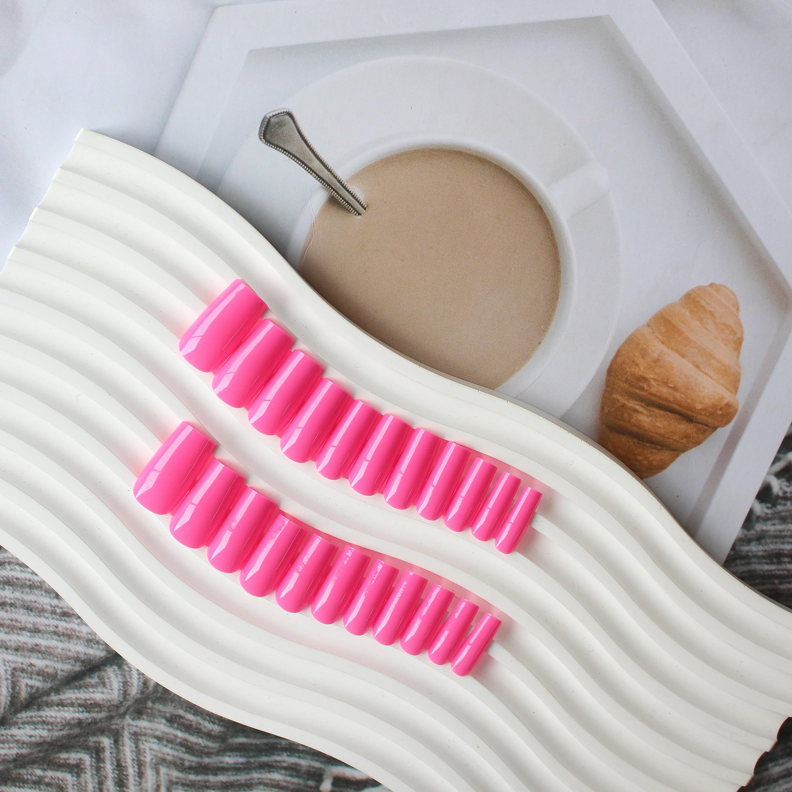 SXVME Hot Pink Press on Nails Long Square, Neon Pink False Nails Medium Coffin, Glossy Gel Fake Nails Press on - Image 4
