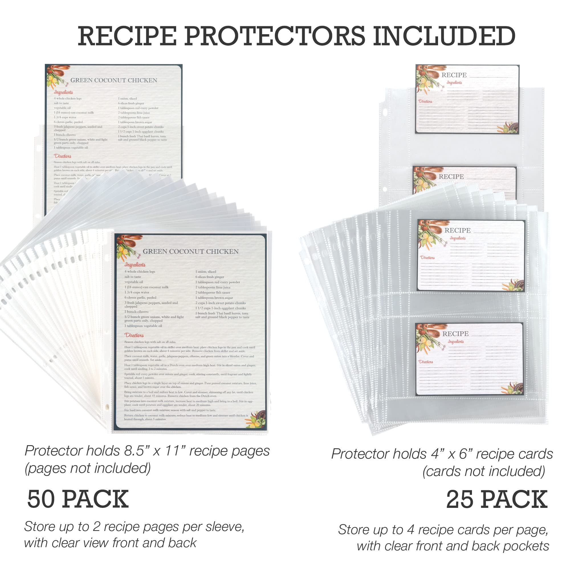Samsill Set di raccoglitori per ricette da 2,5 cm, raccoglitore da 21,6 x 27,9 cm con 50 protezioni per ricette a pagina intera, 25 buste per biglietti di ricette da 10,2 x 15,2 cm e 8 divisori