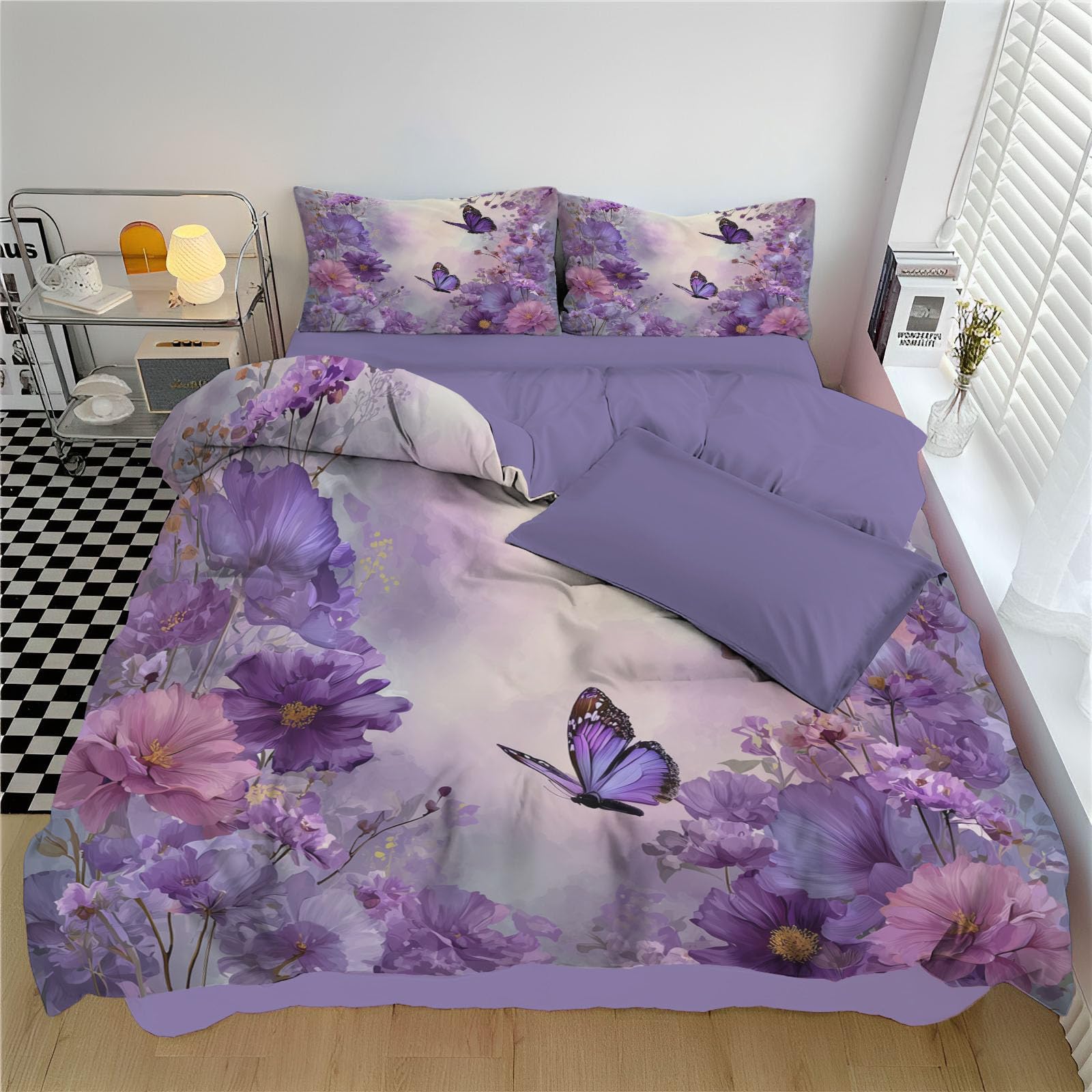 Parure de lit 240x260cm papillon et housse de couette violette avec taies