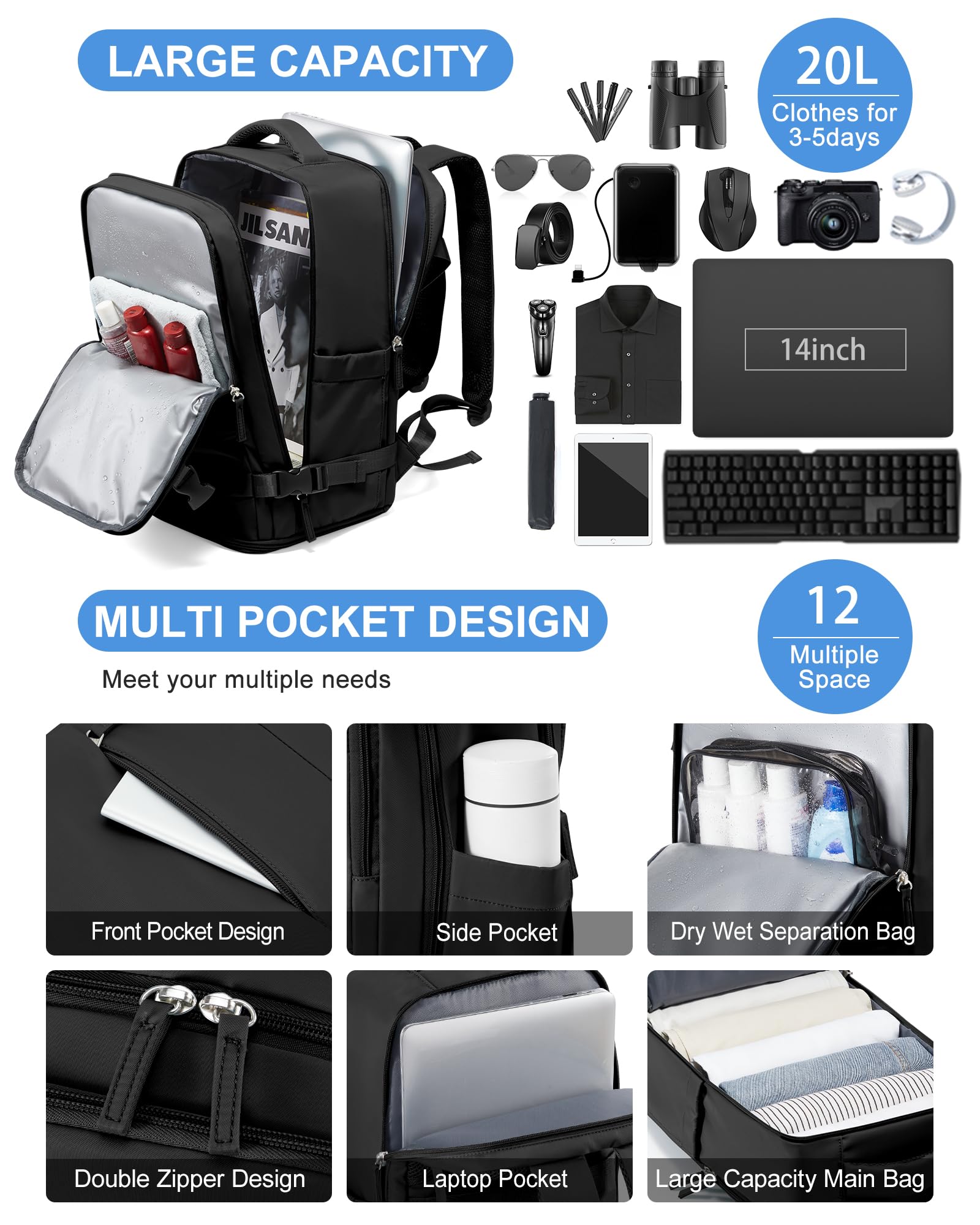 BJLFS Borse da Cabina per Ryanair 40x20x25 Zaino sottovuoto da viaggio Bagaglio a Mano con compressione sottovuoto,Zaino Easyjet 45x36x20,Zaini Casual per laptop da 14 pollici per scuola