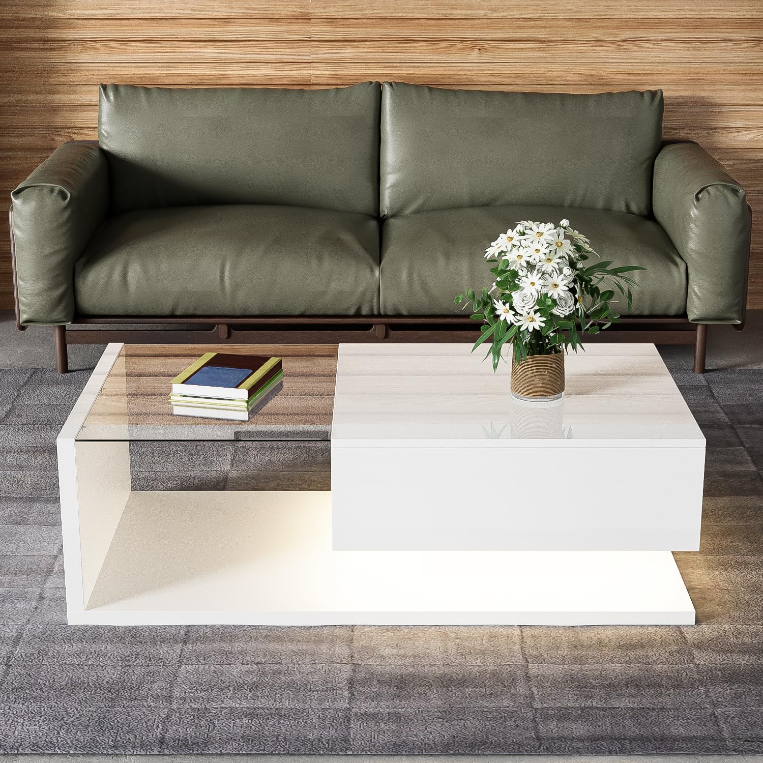 BTM Couchtisch, Hochglanz-Weiß. Beistelltische, Couchtische mit Glas und LED-Effekt