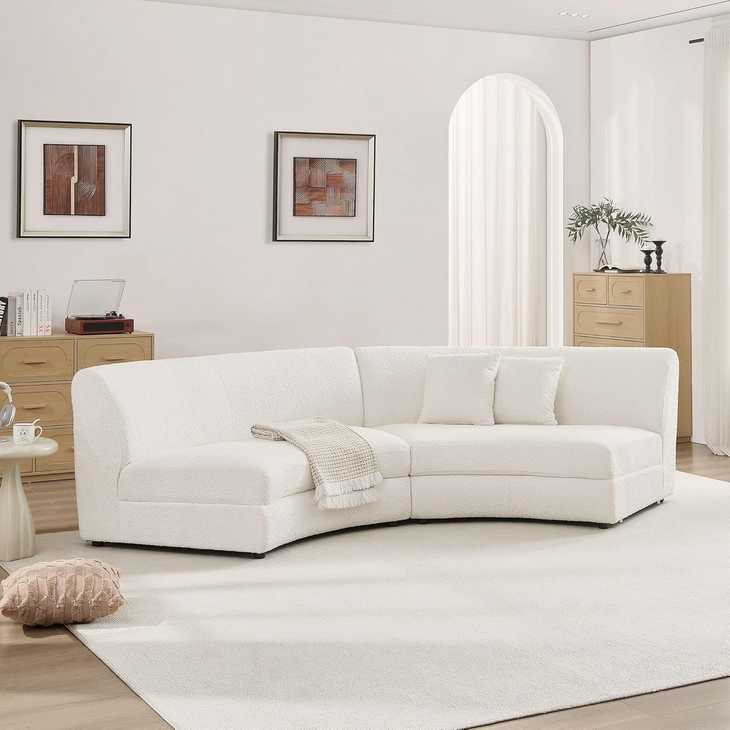 Modern Curved Sectional Sofa, White Boucle Fabric Upholstered Couch with Throw Pillows, Contemporary Living Room Furniture Large loveseat | armless design, 2-piece
