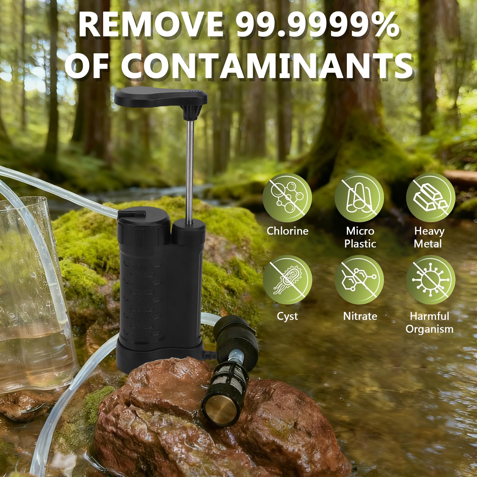 Matybobe di Filtraggio Dell'Acqua Portatile con Pompa Manuale a Membrana per Ultrafiltrazione da 0,01 Micron, Fornisce Acqua Potabile per Attrezzature di Emergenza e Sopravvivenza (Nera)