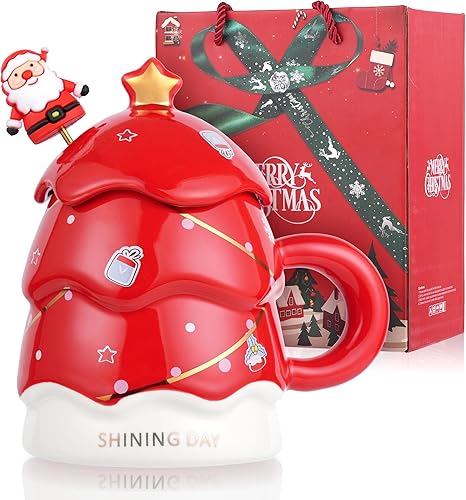Tazas de café de Navidad, bonitas tazas de árbol de Navidad con tapa y cuchara, tazas de café de cerámica duraderas de 16 onzas, el mejor regalo de