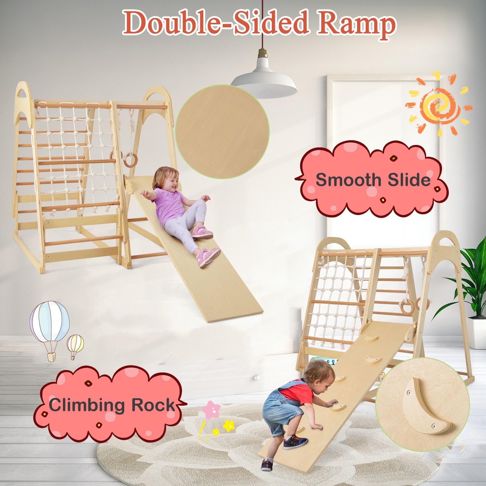 LIFEZEAL 6 in 1 Kletterdreieck Indoor, Klettergerüst mit Rutsche aus Holz, Kletternetz & Kletterleiter & Ringe, Kinderspielplatz Kletterspielzeug ab 3 Jahre