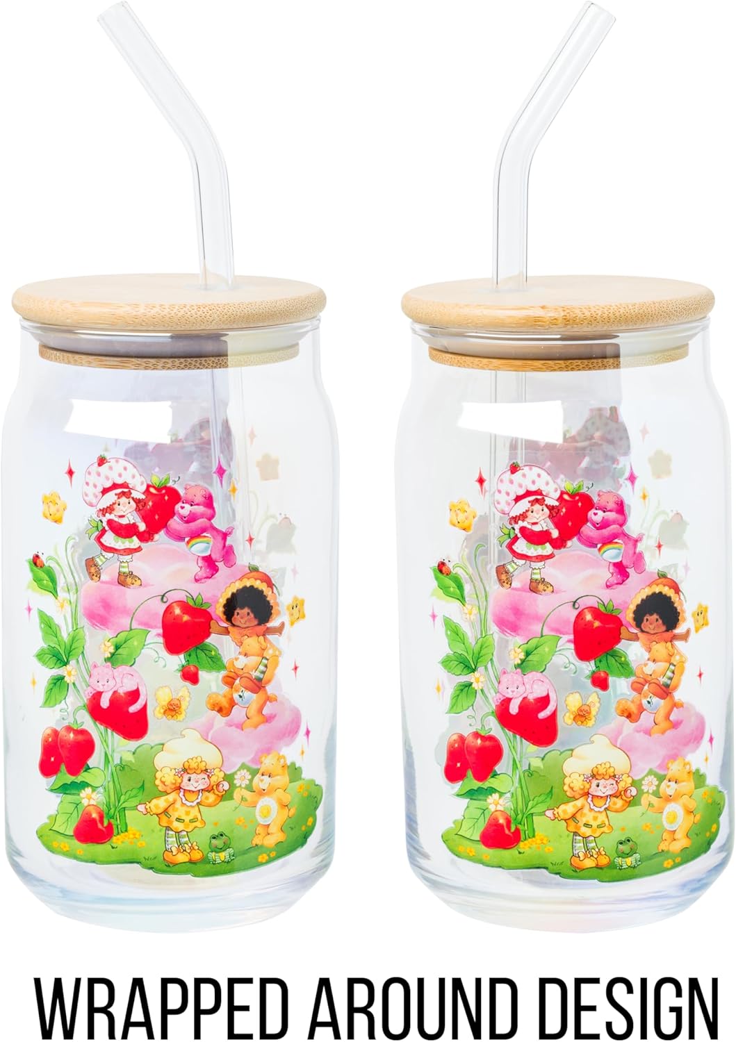 Silver Buffalo Care Bears and Strawberry Shortcake Featuring Orange Blossom, Lemon Meringue, Cheer, Friend, and Funshine Bear Glass Jar Tumbler with Bamboo Lid and Glass Straw, 16 Ounces - Image 5