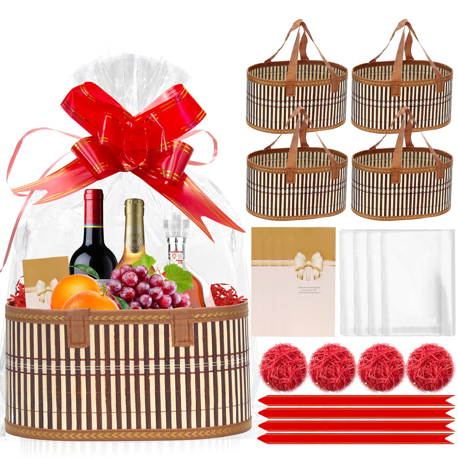 4 cesti regalo vuoti in bambù intrecciato, con 4 sacchetti, 4 fiocchi e carta triturata, per baby shower, compleanni, inaugurazione della casa (marrone)