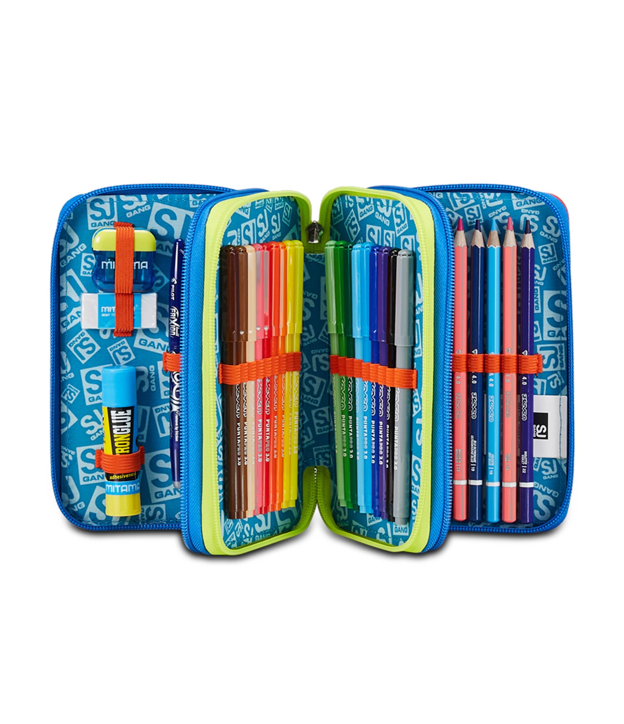 SJ Gang Astuccio Scuola 3 Zip, Blu, RealBasket, Portapenne Triplo Scomparto Completo Di Penne, Matite, Colori, Accessori Zaino, Elementari, Medie, Bambino, 30C202406-535