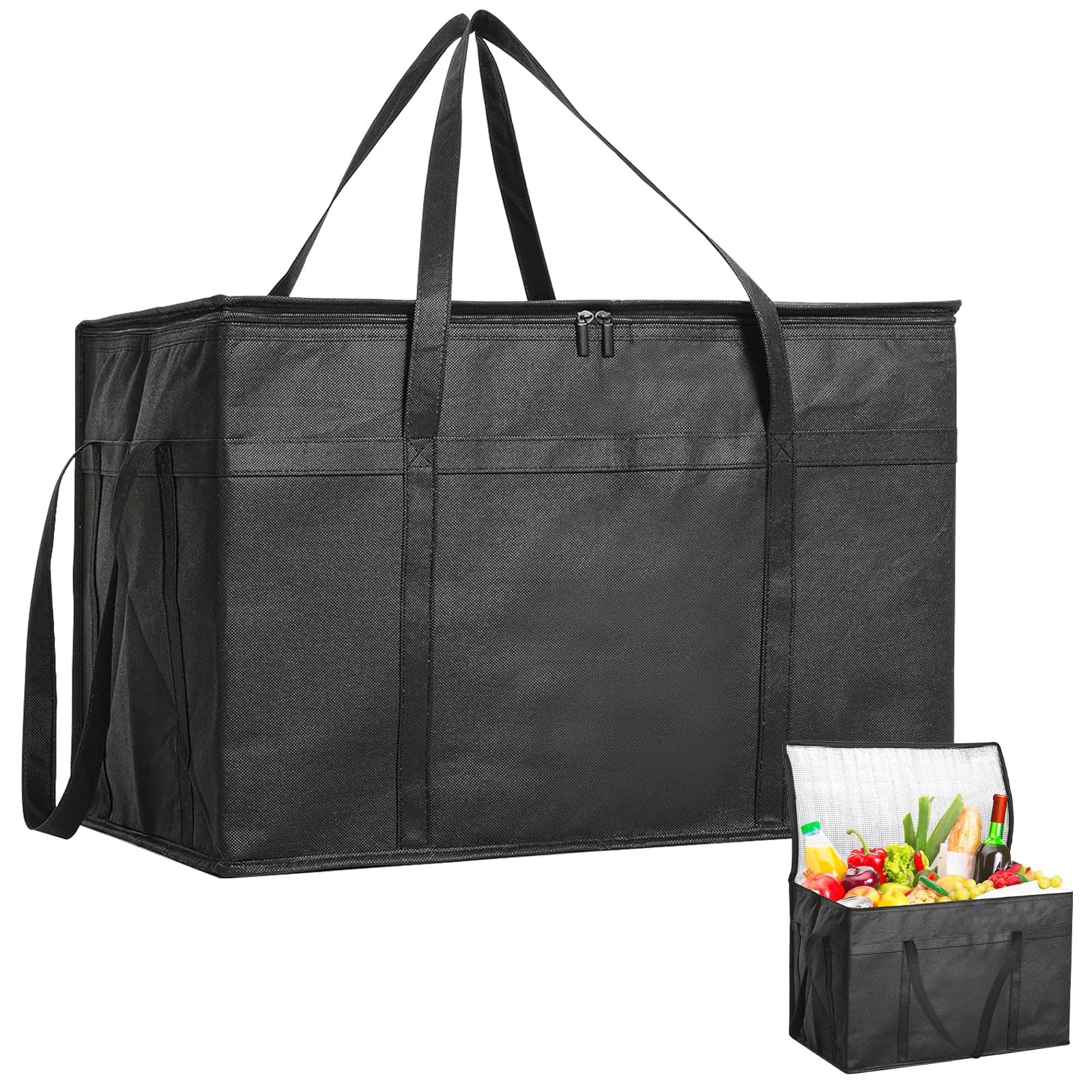 77L Large Food Delivery Bag, Black Cool Bag, Reusable Insulated Grocery Bag, Foldable Soft Cooler with Reinforced Handles, Collapsible for Picnic, Beach, Travel, Campin