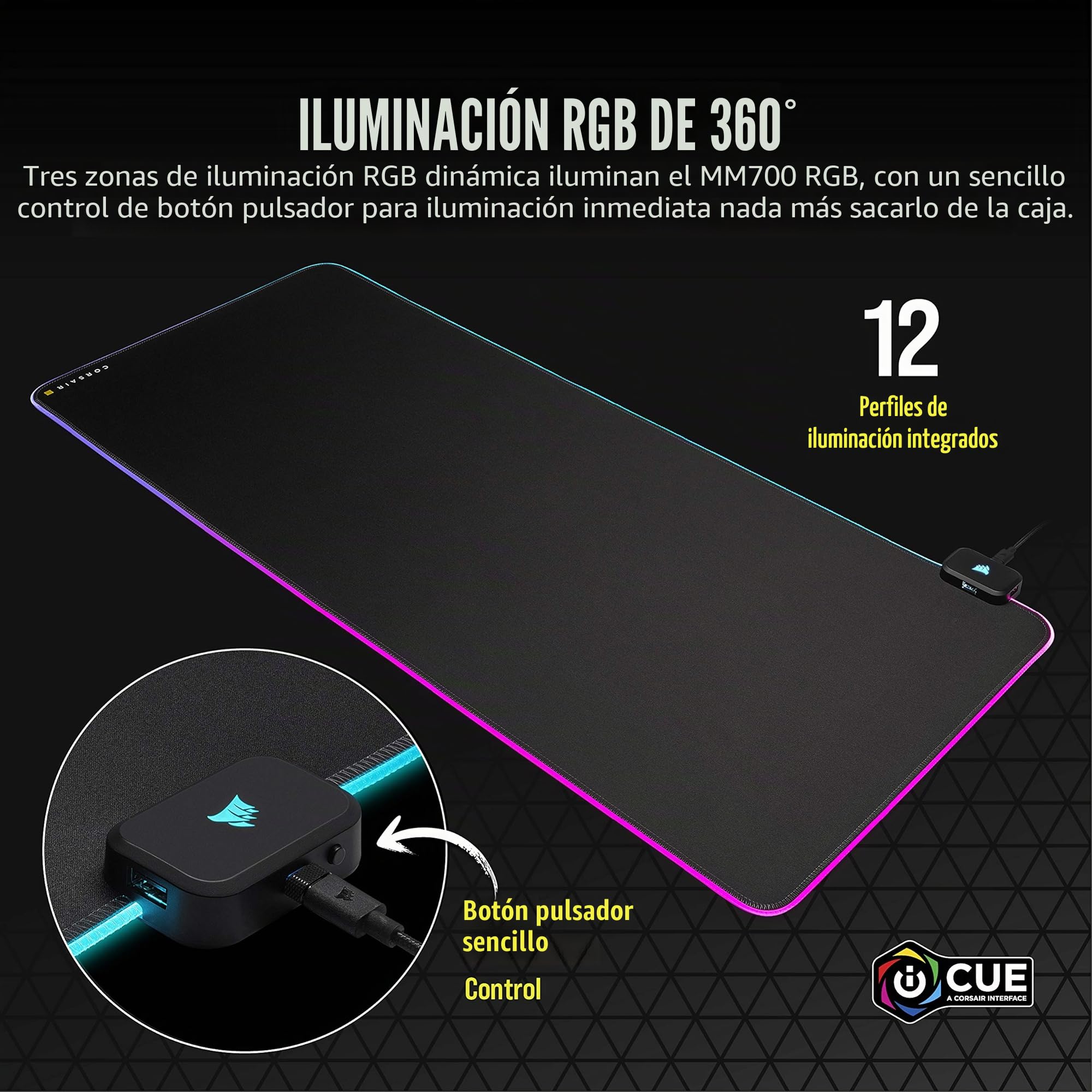 Corsair MM700 RGB Extended 3XL Alfombrilla de Ratón de Tela para Juegos - 1.220 mm x 610 mm (48" x 24") - Iluminación RGB 360° - Concentrador de Dos Puertos USB - Goma Gruesa - Negro