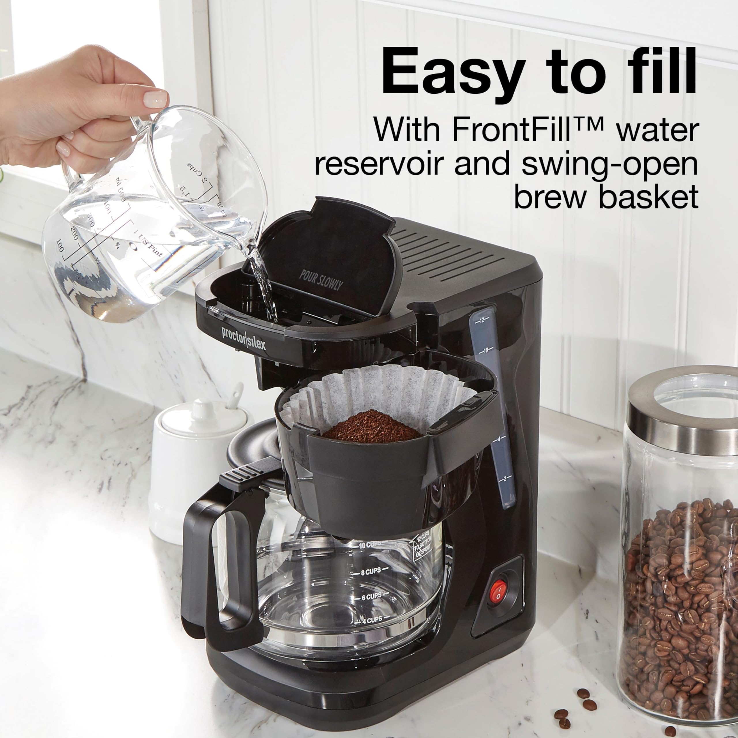 Proctor Silex FrontFill Drip Coffee Maker, 12 Cup Glass Carafe, Black and Silver (43680PS)