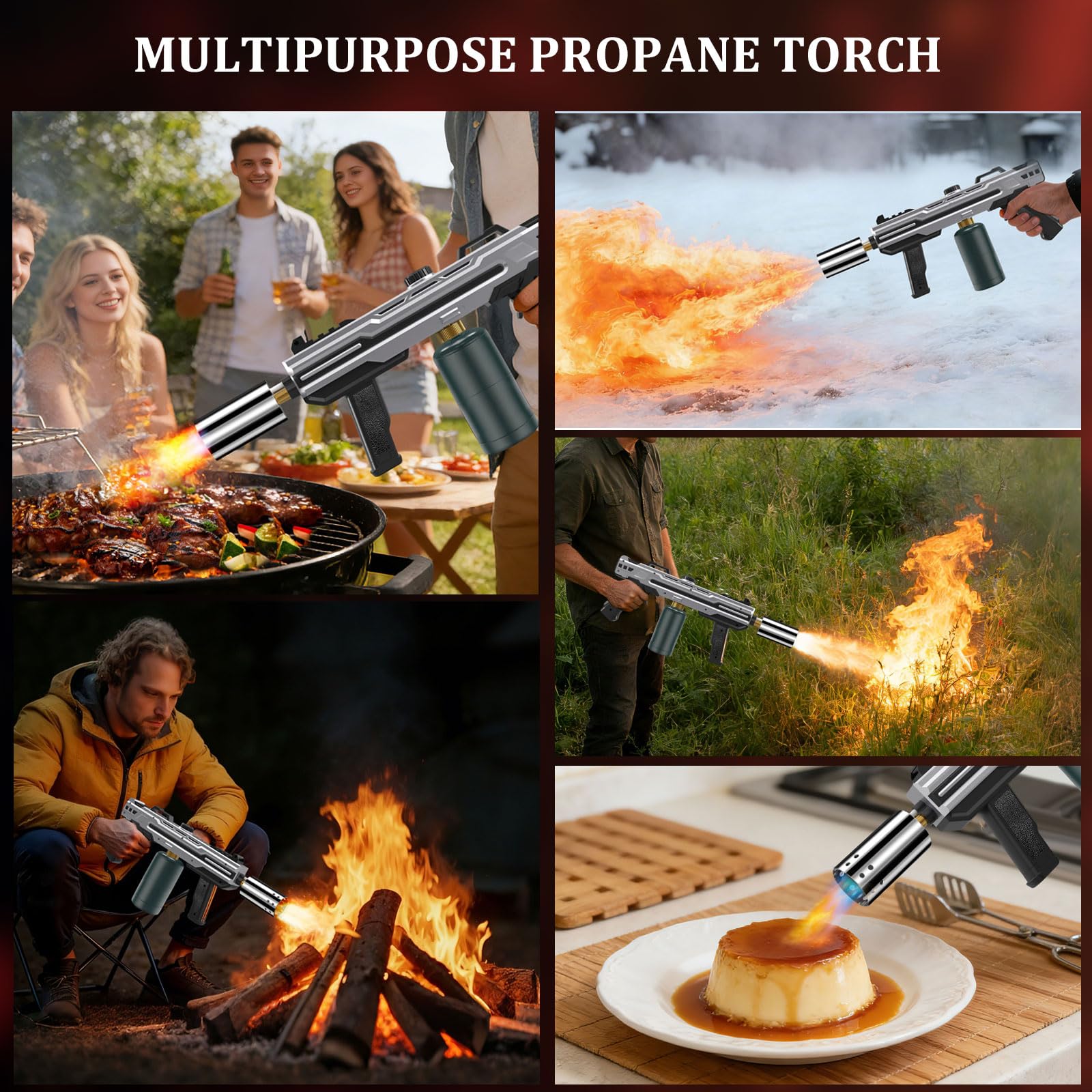 Pistolet de barbecue au gaz propane puissant - Brûleur de cuisine avec flamme réglable - Brûleur de cuisine - Kit de soudure à gaz pour barbecue, barbecue et steak (argenté)